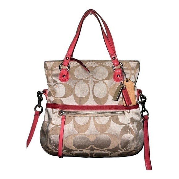 Coach Canvas Signature Horses and Carriage Hobo Tote Bag- Pink/Khaki - Picture 6 of 16